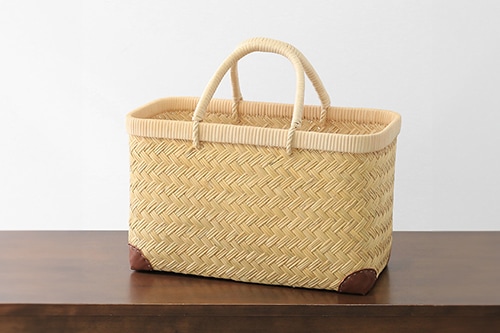 スズ竹市場かご(岩手県鳥越竹細工/籐ハンドル/小サイズ/レザー底あて