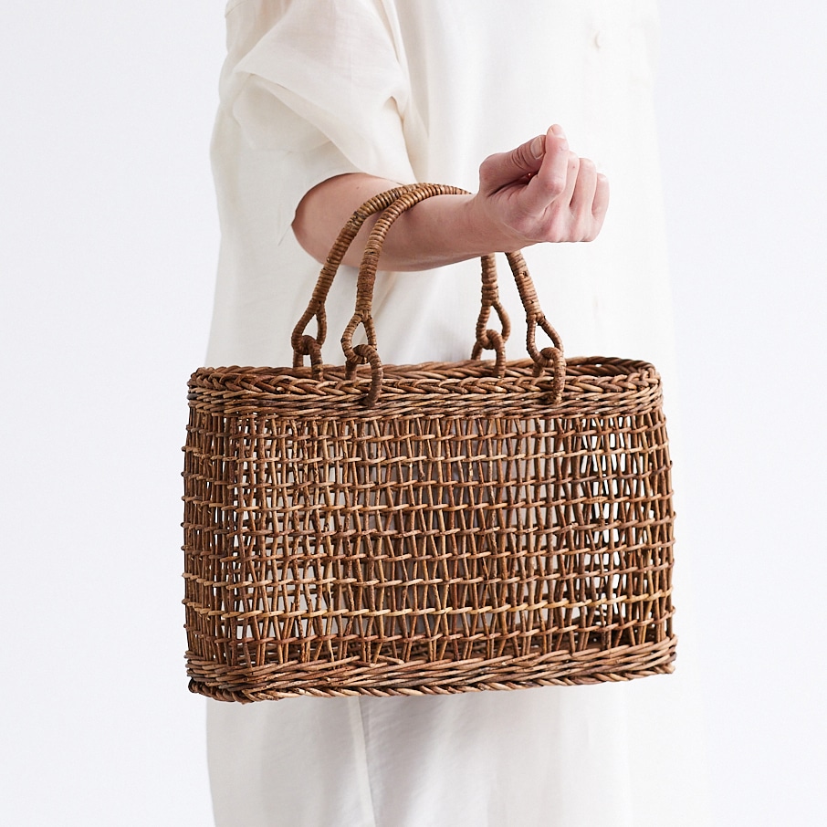 透かし編みあけび籠(国産材/中サイズ/リング取手)(約)幅34×マチ10.5