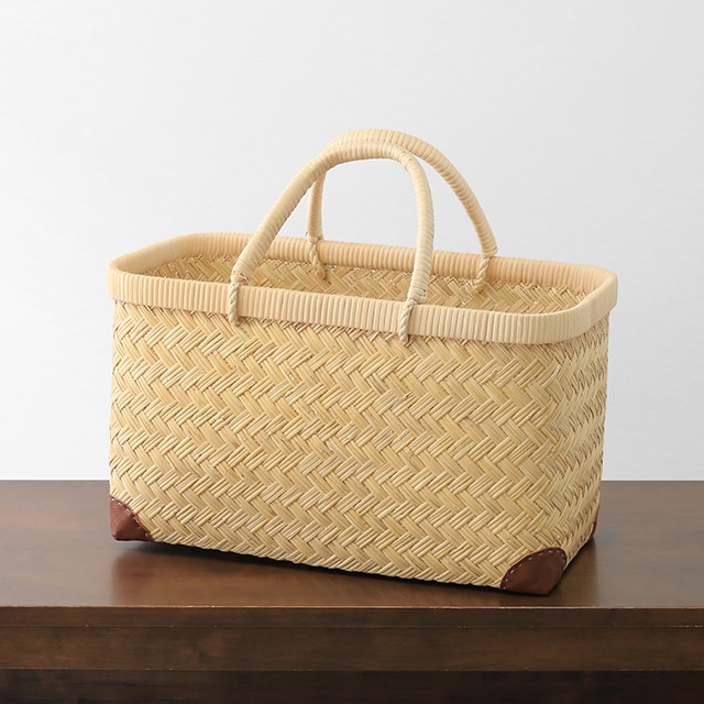 スズ竹市場かご(岩手県鳥越竹細工/籐ハンドル/中サイズ/レザー底あて