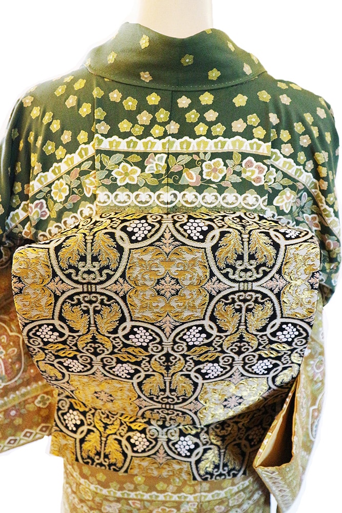 正絹訪問着 レンタルフルセット「総柄汕頭刺繍 横段唐花華紋