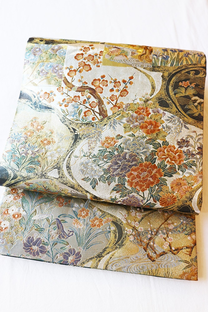 厳選仕立上がり商品 西陣あさぎ謹製袋帯「金箔プラチナ 両面琳派流水