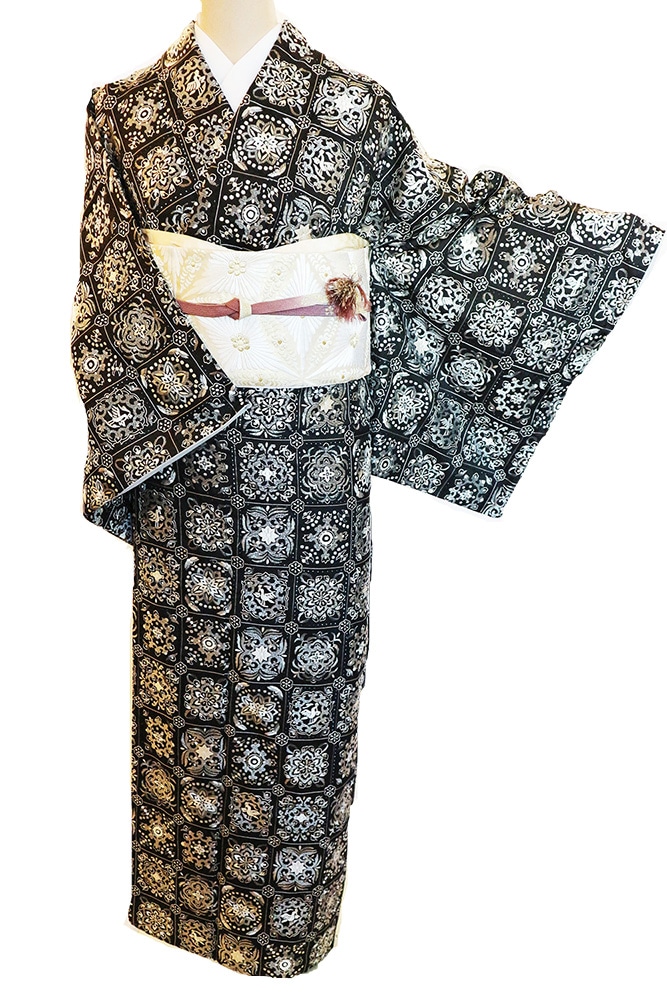 正絹訪問着 レンタルフルセット「総柄汕頭蘇州刺繍 格子華紋