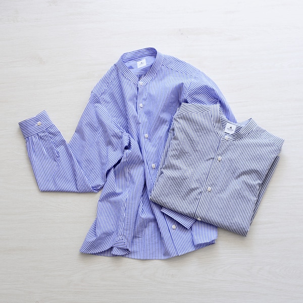 ashuhari (アシュハリ) ストライプ バンドカラーAラインシャツ Free