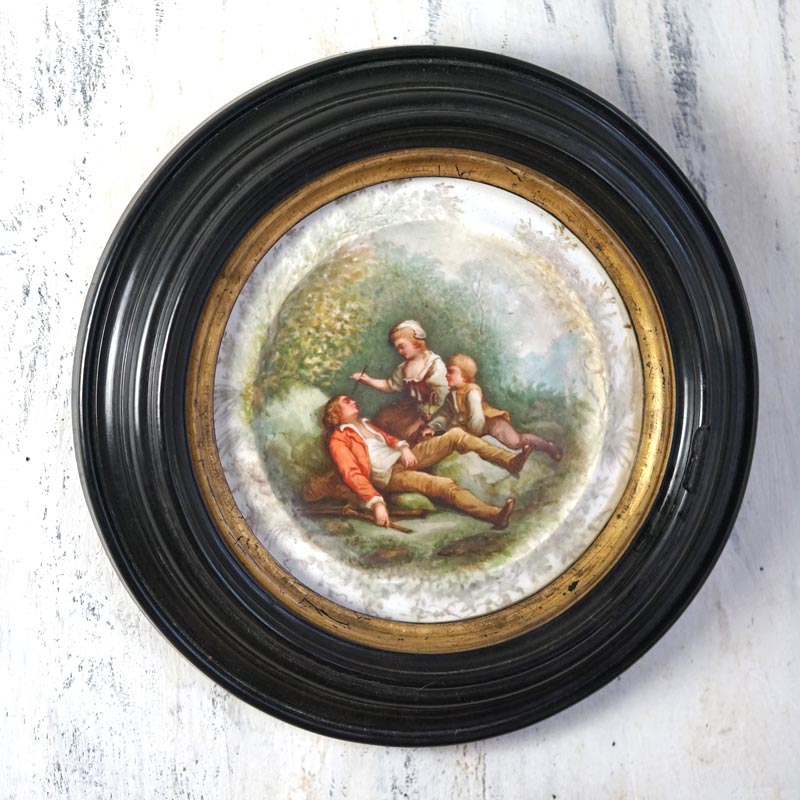ナポレオントロワのアンティーク絵つき陶板のフレームW26×H4cm gk-565