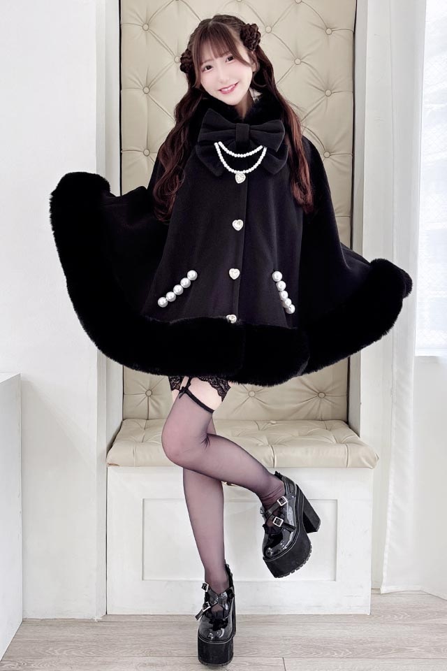 Princess Melody】リボン付きボリュームファーフードケープコート