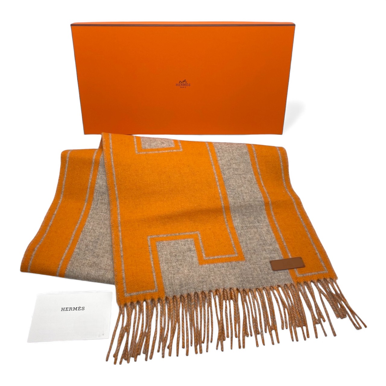 エルメス マフラー クレ・ドゥ・H 30×160 ベージュ・シネ / オレンジ