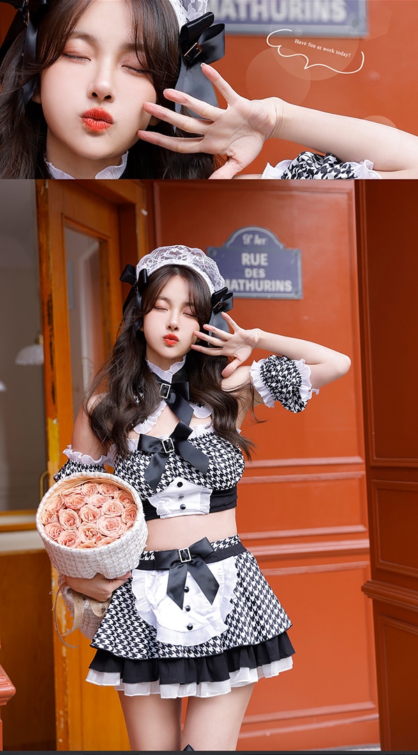 即日発送】千鳥柄セクシーメイド《ハロウィンコスプレ7点セット