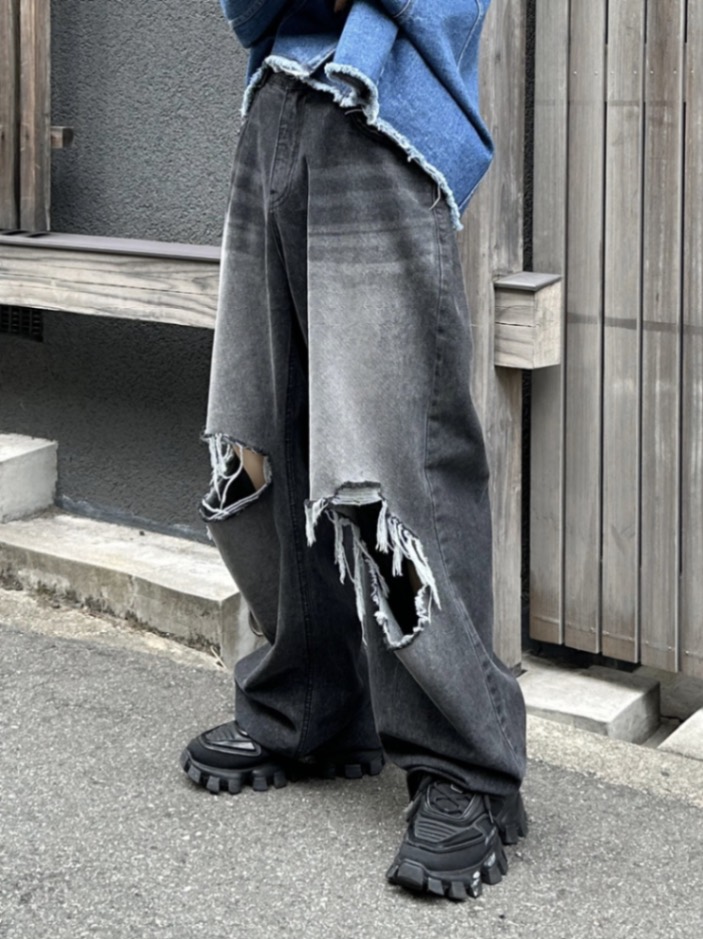大阪店WEB限定【Chikashitsu +】vintage crash denim pants (2color