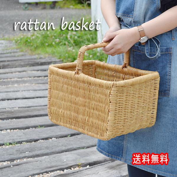 ラタンバスケット ふち付き 一本手 四角 ベトナムラタン ニス仕上げ