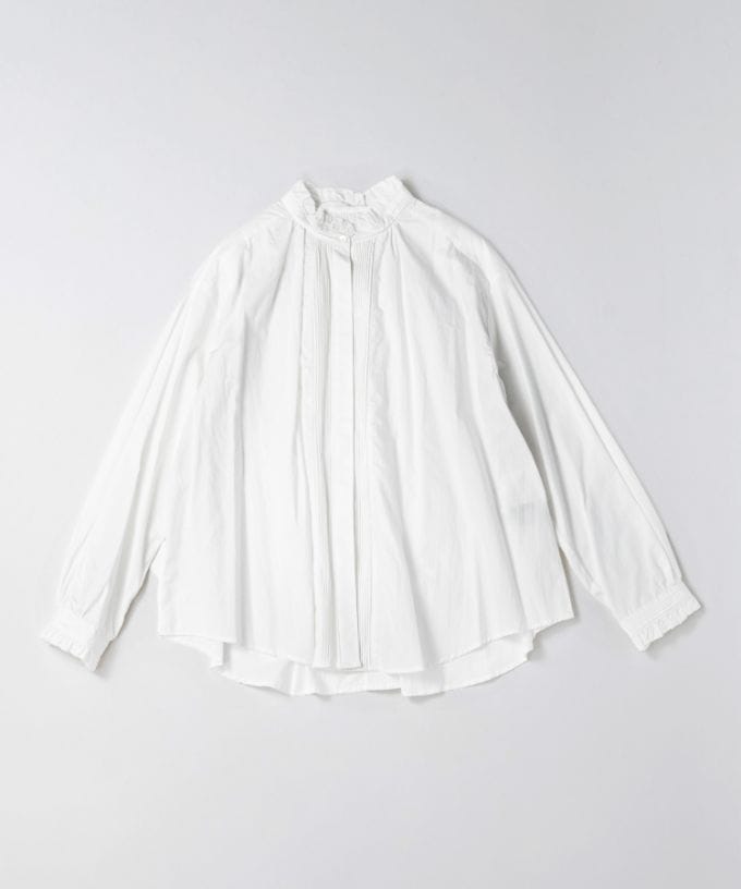 シェリー・E/G コットンの立ち襟ギャザーブラウス 白/ITEM,JACKET