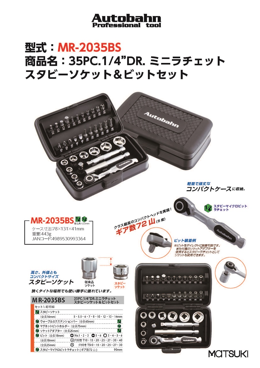 ハンドツール機器類：35PC.1/4”DR. ミニラチェット スタビーソケット