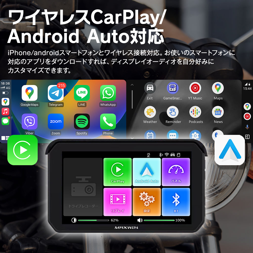 USBでも電源取得可能CarPlay/Android Auto対応バイク用ディスプレイ
