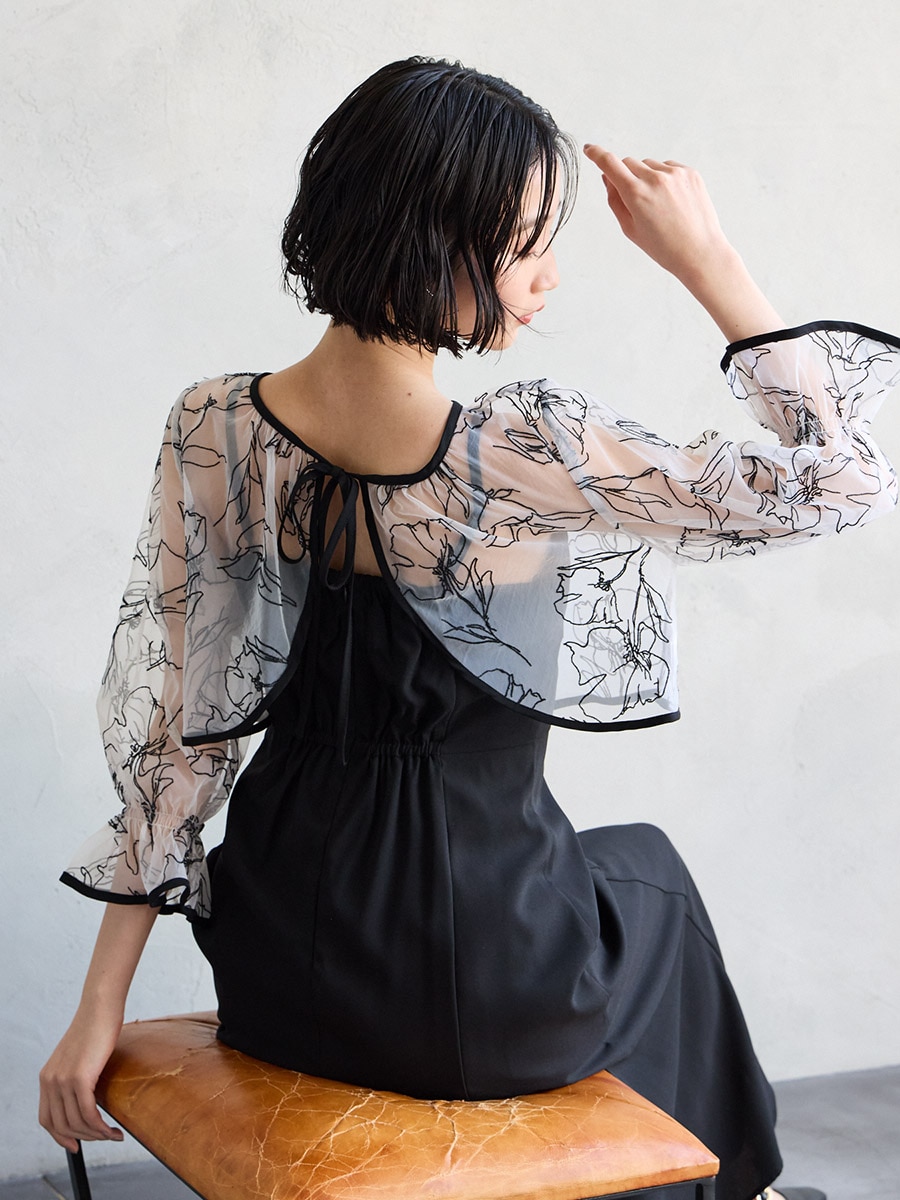 試着キャンペーン対象】2WAY線描フラワー刺繍ボレロセットドレス(S