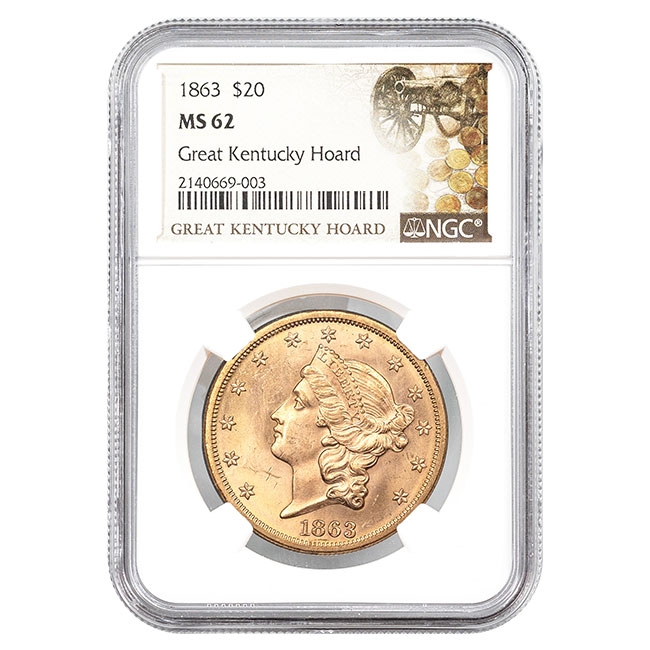 1863 $20 Liberty Gold Double Eagle Great Kentucky Hoard NGC MS62