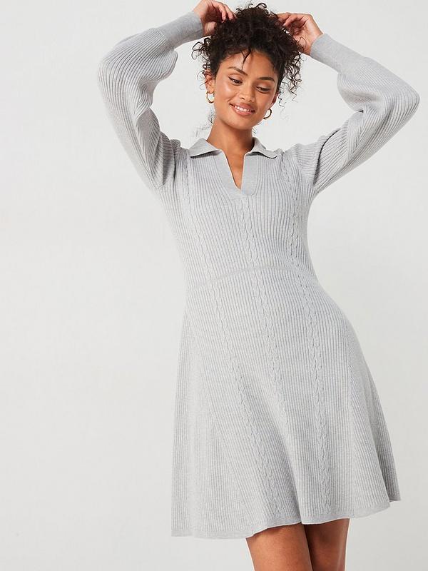 V by Very Collared Fit and Flare Mini Dress with Wool - Light Grey