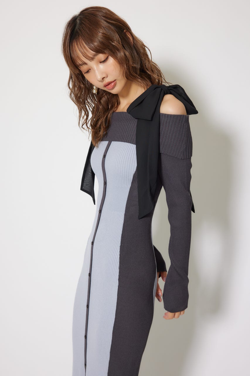 rienda | バイカラーオフショルリボンニットワンピース (ワンピース