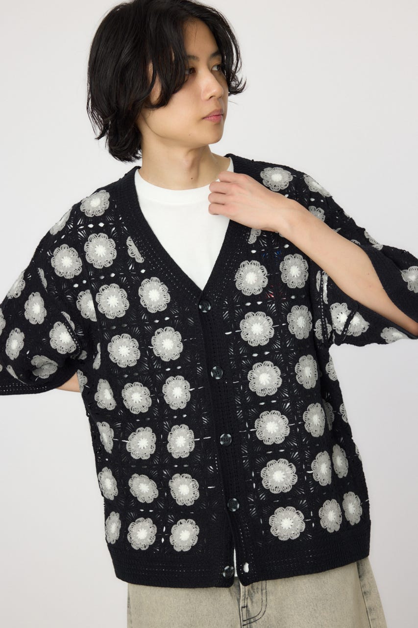 RODEO CROWNS WIDE BOWL | クロシェフラワー半袖ニットカーディガン