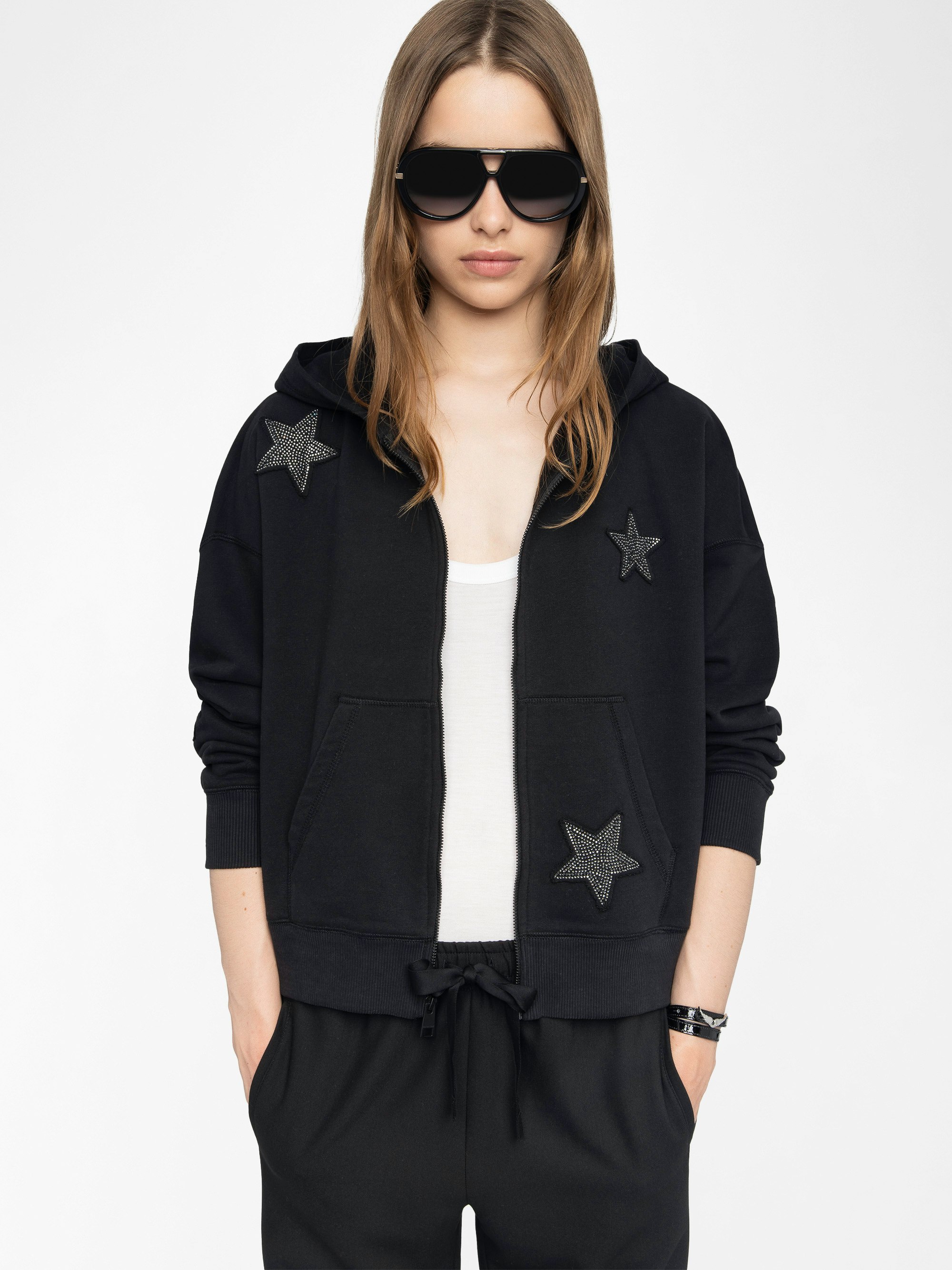 Mia Black Embellished Hoodie with Zip | Zadig&Voltaire