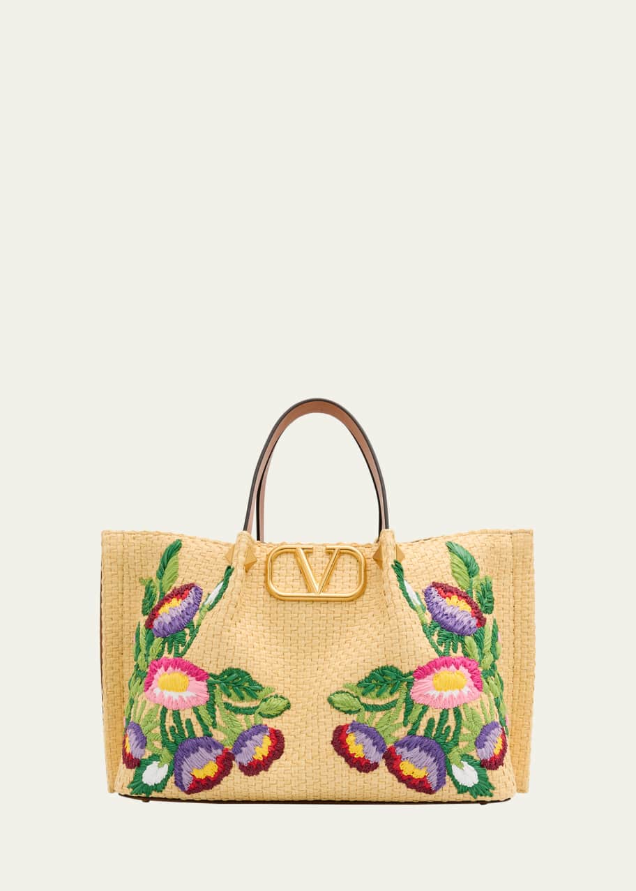 Valentino Garavani Floral Embroidered Raffia Medium Shopping Tote