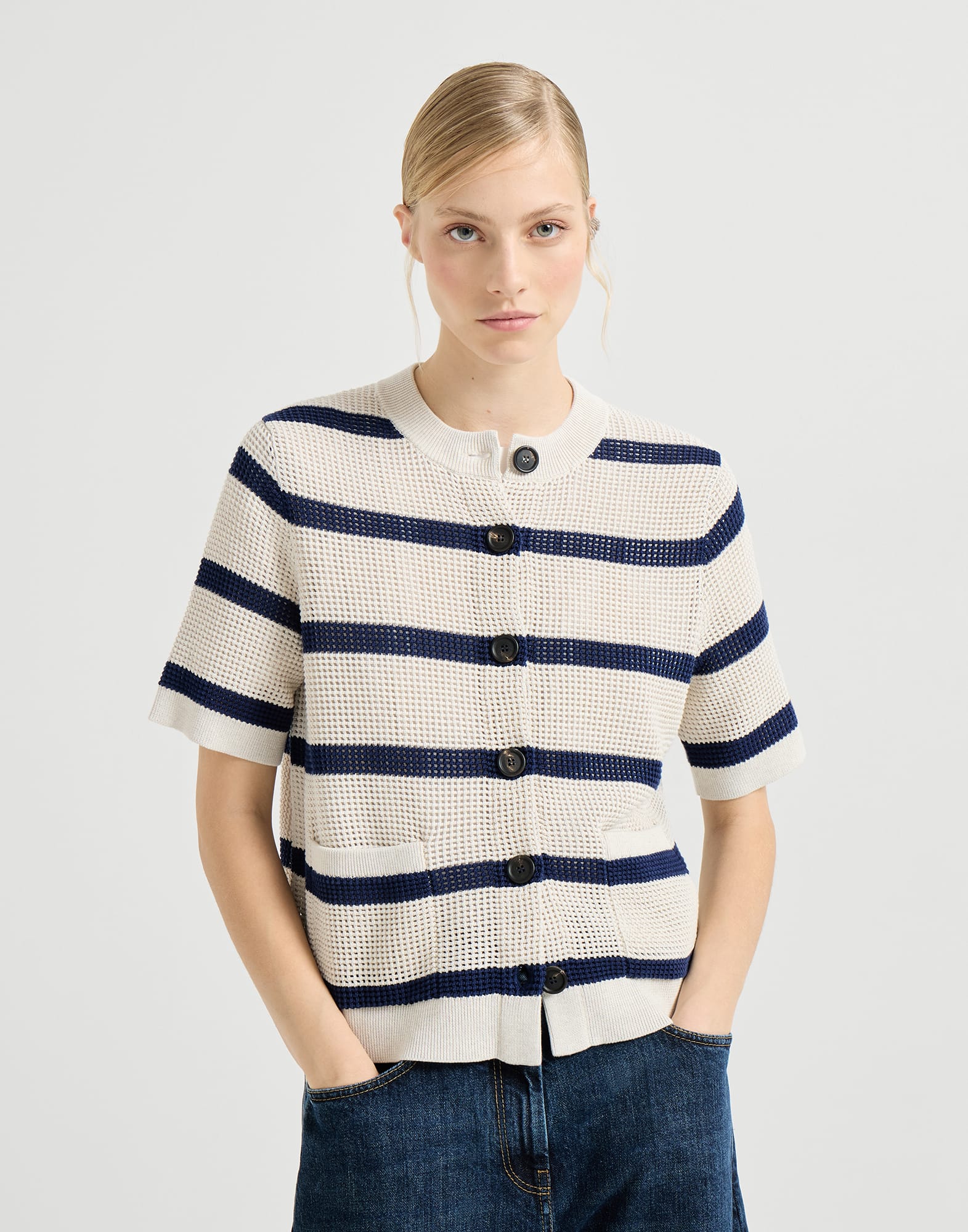 Striped cardigan for Woman in Blue | Brunello Cucinelli