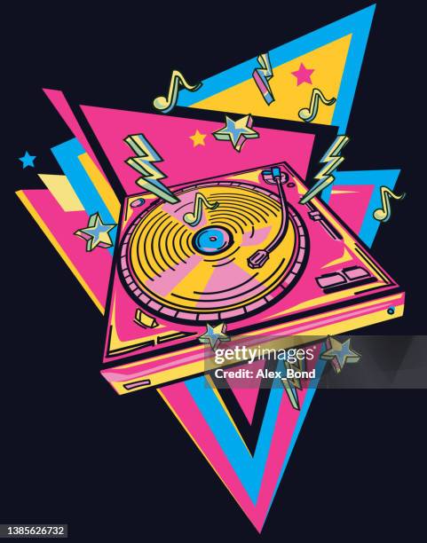 Poster Colorful musical turntable emblem 80s style design