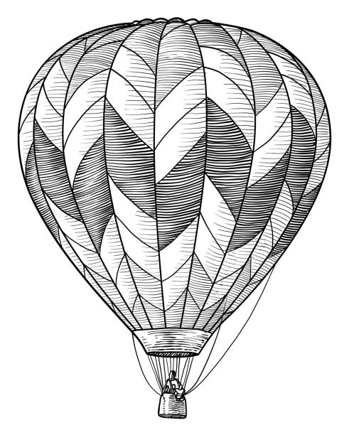 Hot Air Balloon Illustration Drawing Engraving Ink Line Art Vector