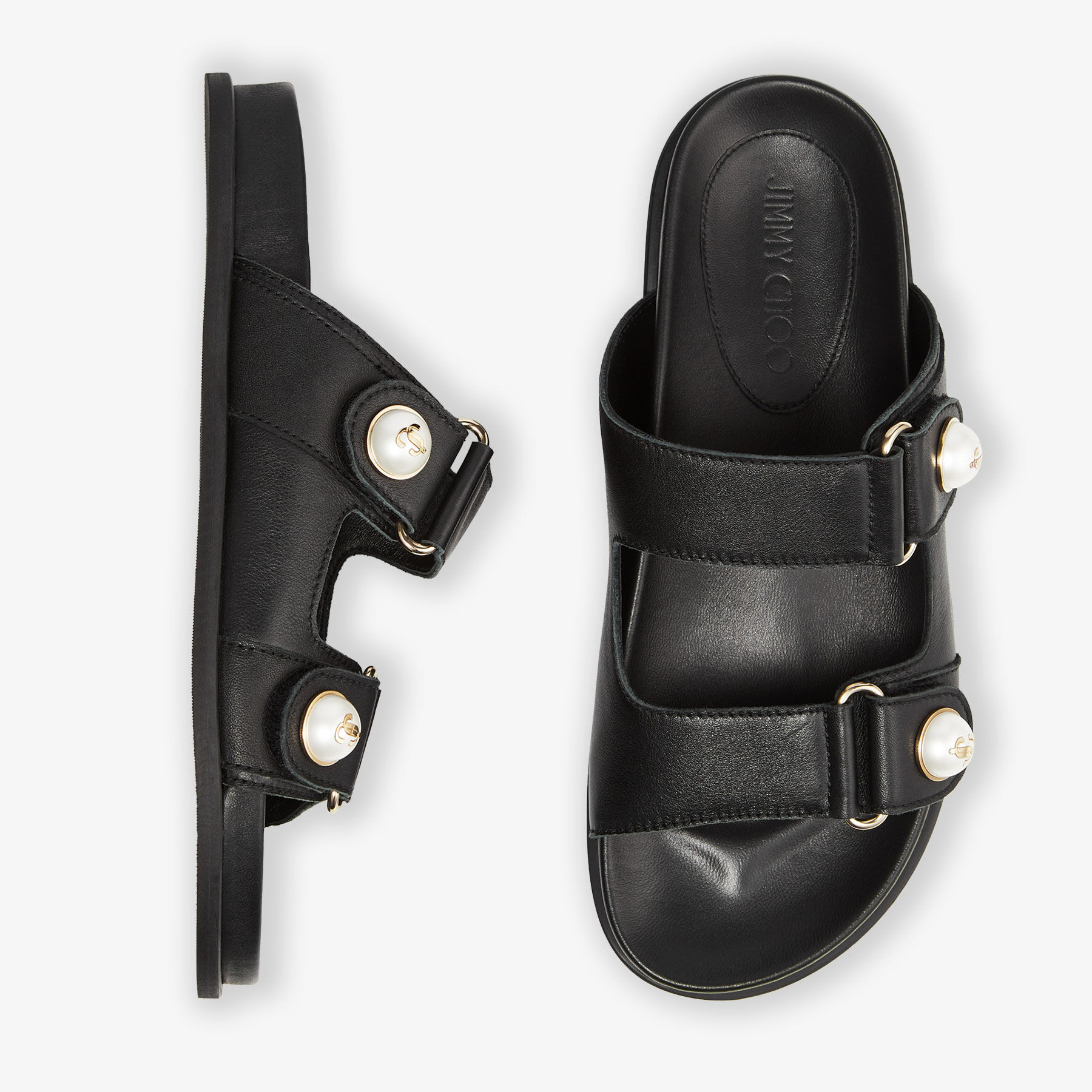 FAYENCE SANDAL | パール付き Black スムースレザー・フラットサンダル