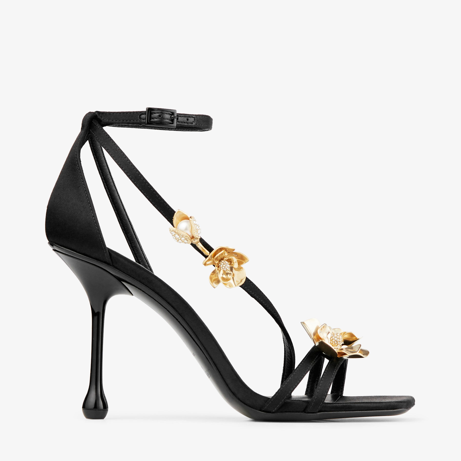 ZEA 95 | Black Satin Sandals with Metal Flowers | New Collection