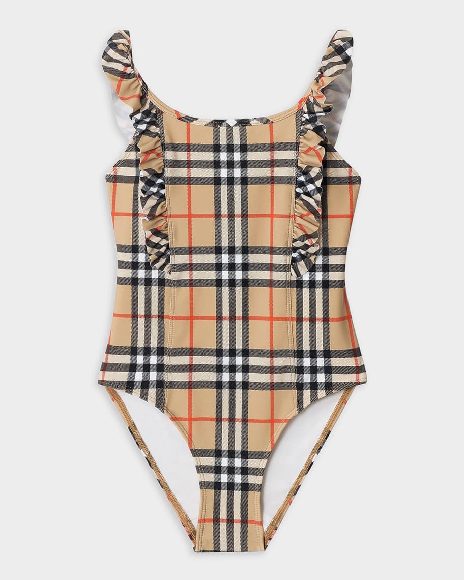 Burberry Girl's Ruffle-Trim Check One-Piece Swimsuit, Size 3-14