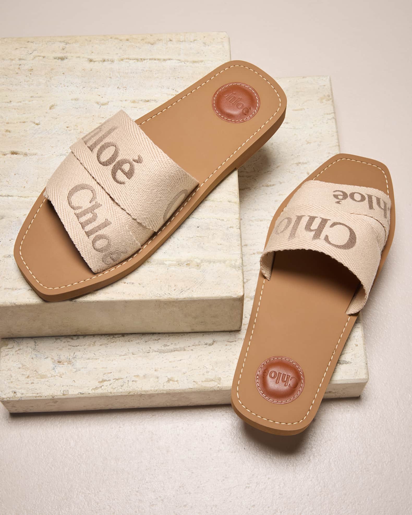 Chloe x High Summer Woody Embroidered Logo Flat Sandals | Neiman