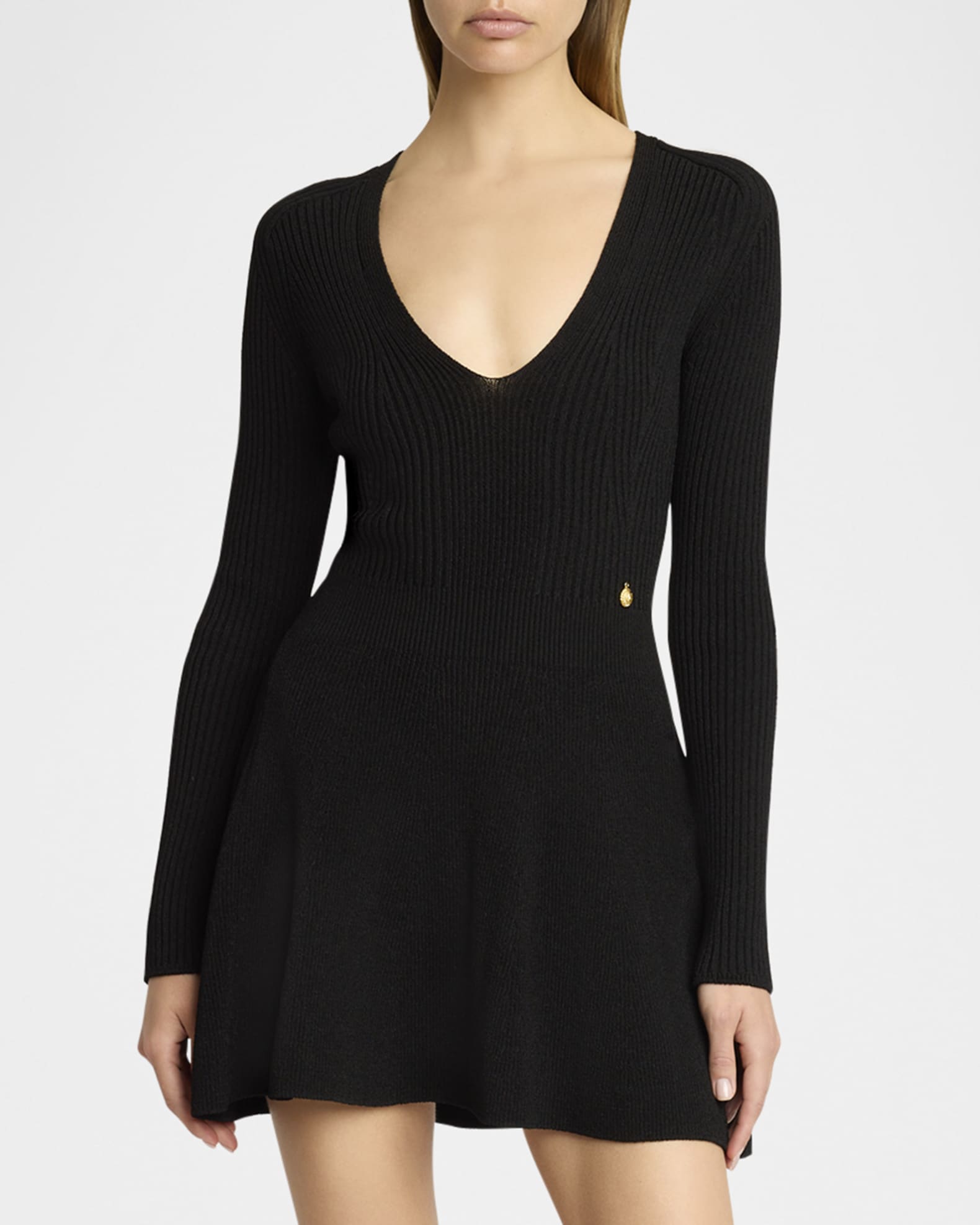 Balmain Plunging Long-Sleeve Rib Knit Mini Dress | Neiman Marcus