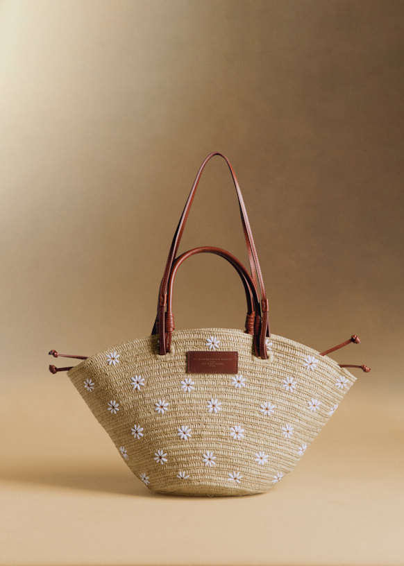 Justine Basket Bag - Embroidered Flowers - Raffia - Octobre Éditions