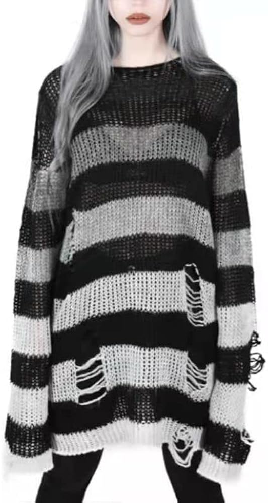 Y2K Gothic Distressed Striped Sweater Oversized Fairy Grunge