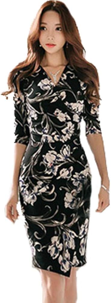 Amazon.co.jp: ワンピース 長袖 膝丈 M 花柄 Vネック タイト ドレス