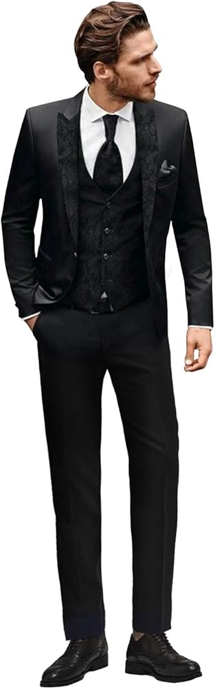 YZHEN Men's Suit Peak Lapel Vest Jacquard(Jacket and Vest Pants