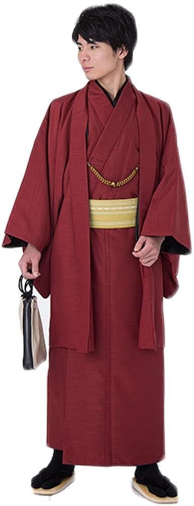 Amazon | [KIMONOMACHI] メンズ 着物 2点セット(着物+羽織)「エンジ」S