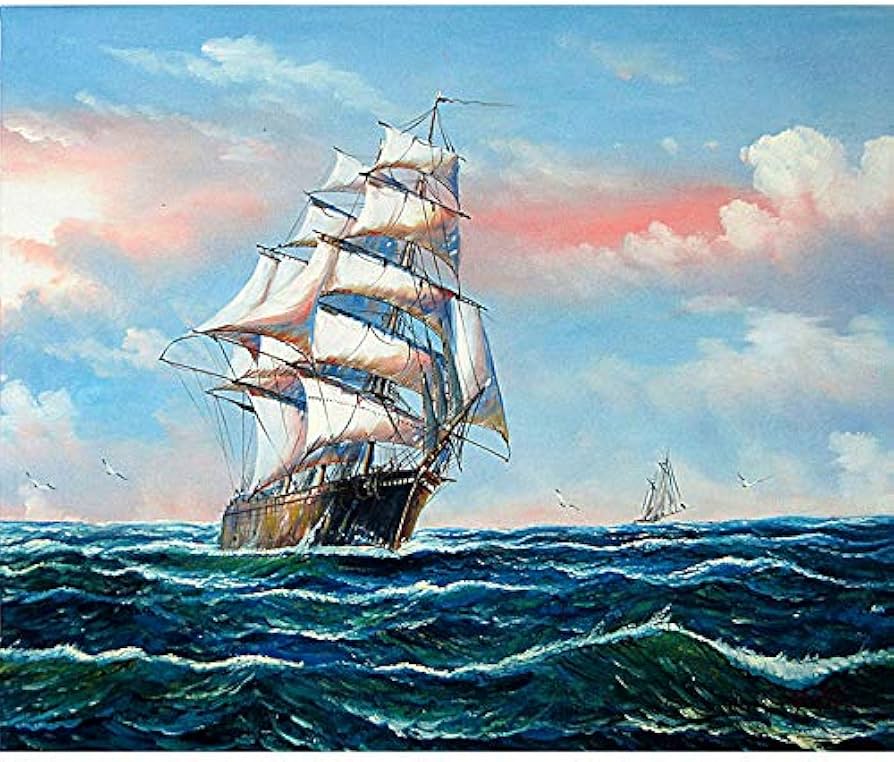 油彩画 Tuan 船と風景の絵画 フレーム付き 油彩画 Tuan 船と風景の絵画