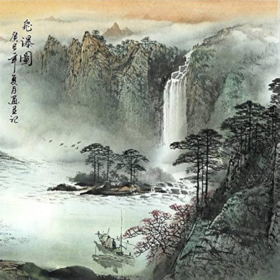 水墨画 掛軸 鮎風景画 筆文字サイン入り 水墨画 掛軸 鮎風景画 筆文字