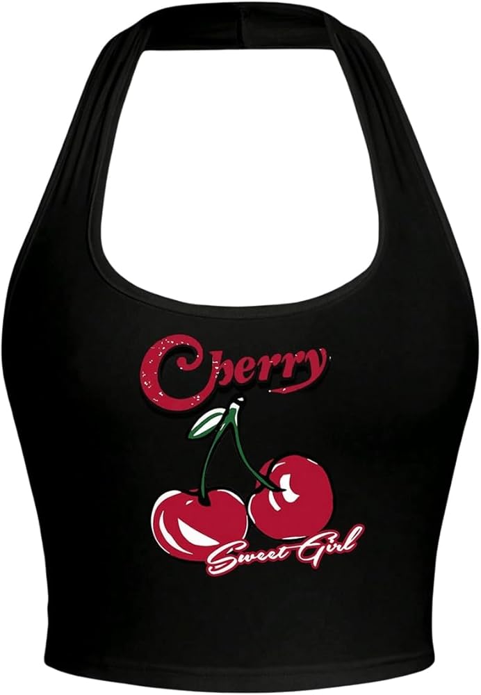 WDIRARA Women's Cherry Graphic Halter Crop Tops Backless