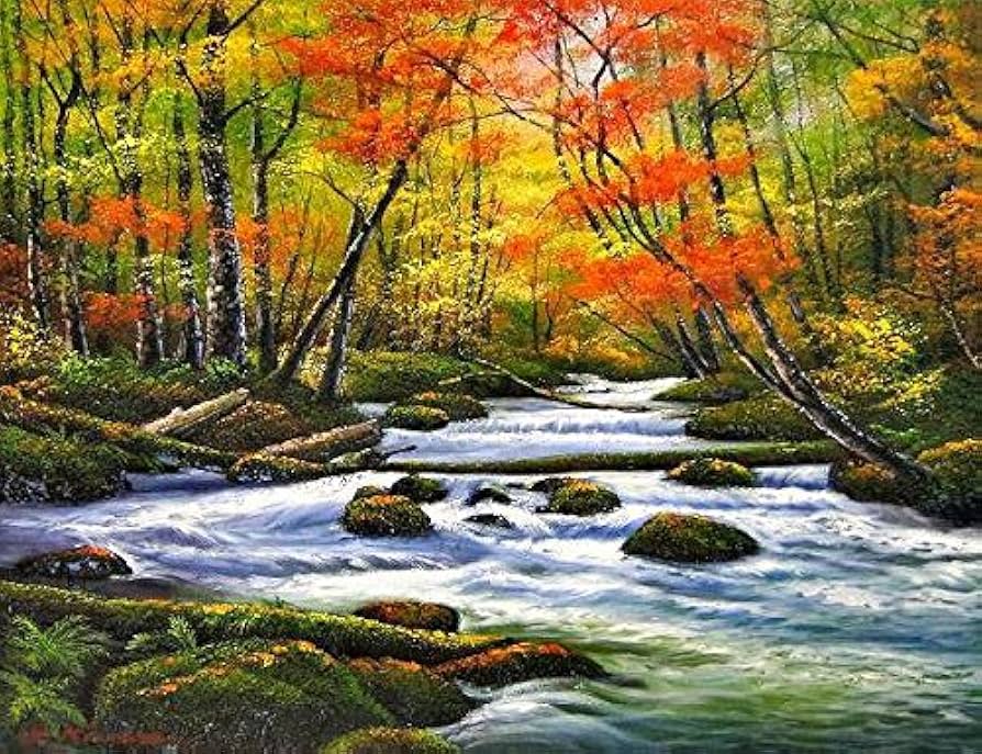 Amazon.co.jp: 木村由記夫『秋の奥入瀬 受注制作』油彩画 風景画