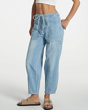 EZAPINE Women Loose Cropped Jeans Baggy Mid Rise Barrel Jeans