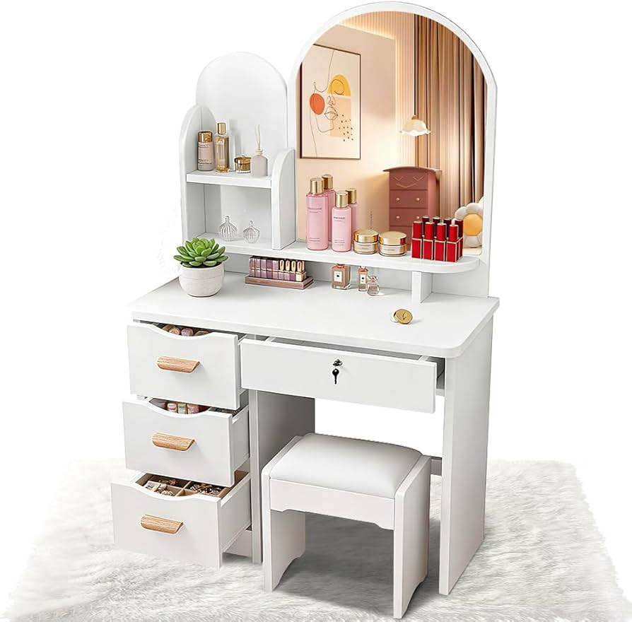 Amazon｜EJ ドレッサー コンパクト 大型女優ミラー 鍵付き 幅80cm 化粧