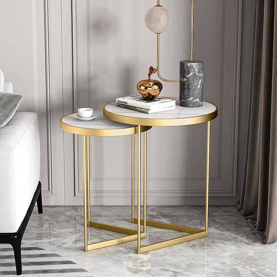 Amazon.co.jp: ネストテーブル 丸 大理石天板×ゴールド脚 サイド