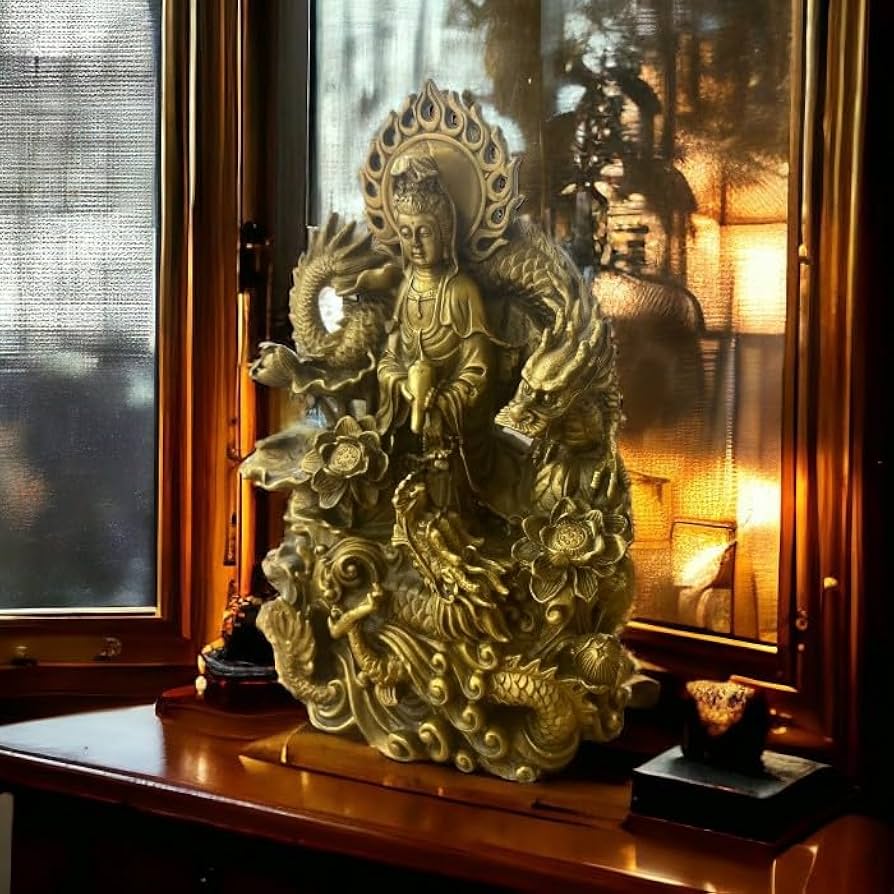 Amazon.co.jp: 真鍮製 黄銅 オブジェ 龍と観音様 観音菩薩 観世音菩薩