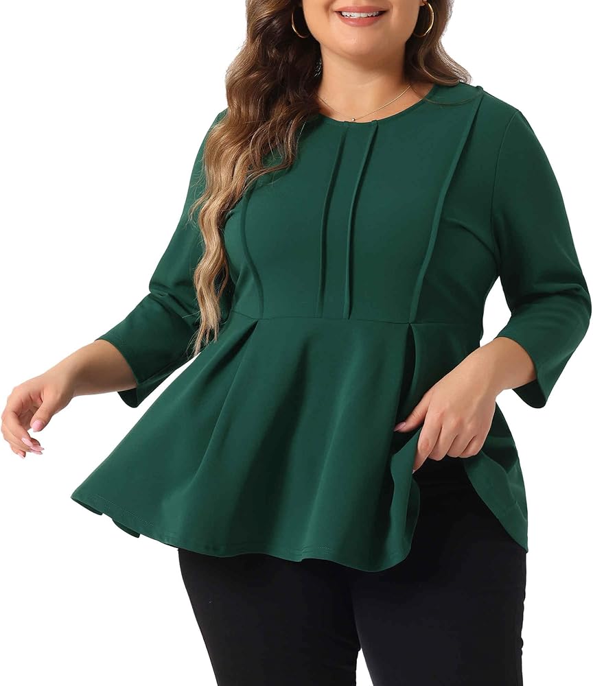 Agnes Orinda Plus Size Tops for Women Elegant Crew Neck Solid