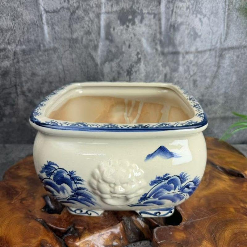 盆山水図青花磁栽鉢 山野草鉢 多肉植物 植木鉢 🏏 小品大