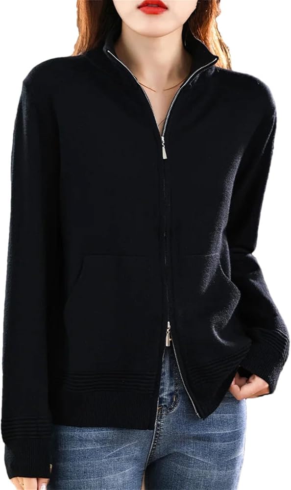 Women Wool Sweater Double Zipper Cardigan Casual Knitted Tops