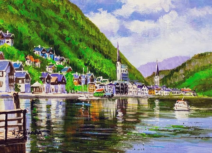Amazon.co.jp: 藤原英信『ハルシュタット湖』油絵・油彩画 F4(4号