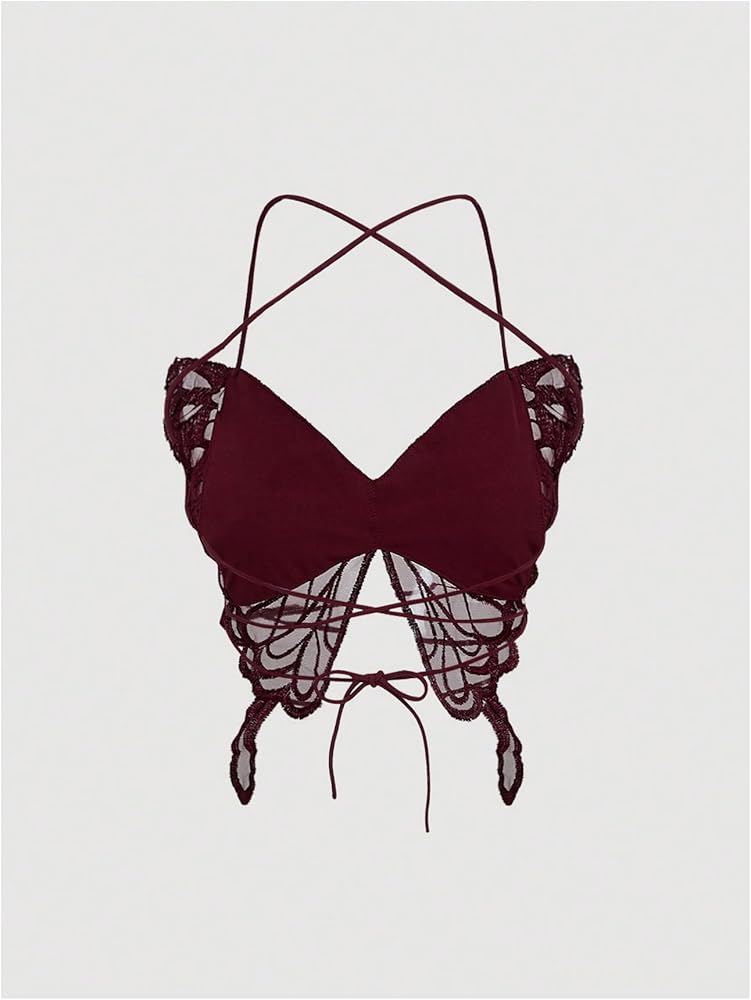 MakeMeChic Women's Butterfly Crop Tops Backless Halter Criss Cross