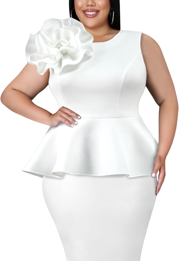 ONTINVA Women's White Big Flower Flared Hem Short Sleeve